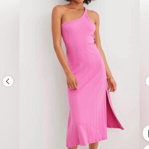 Aerie One-Shoulder Ribbed Midi Dress in Bright Pink
